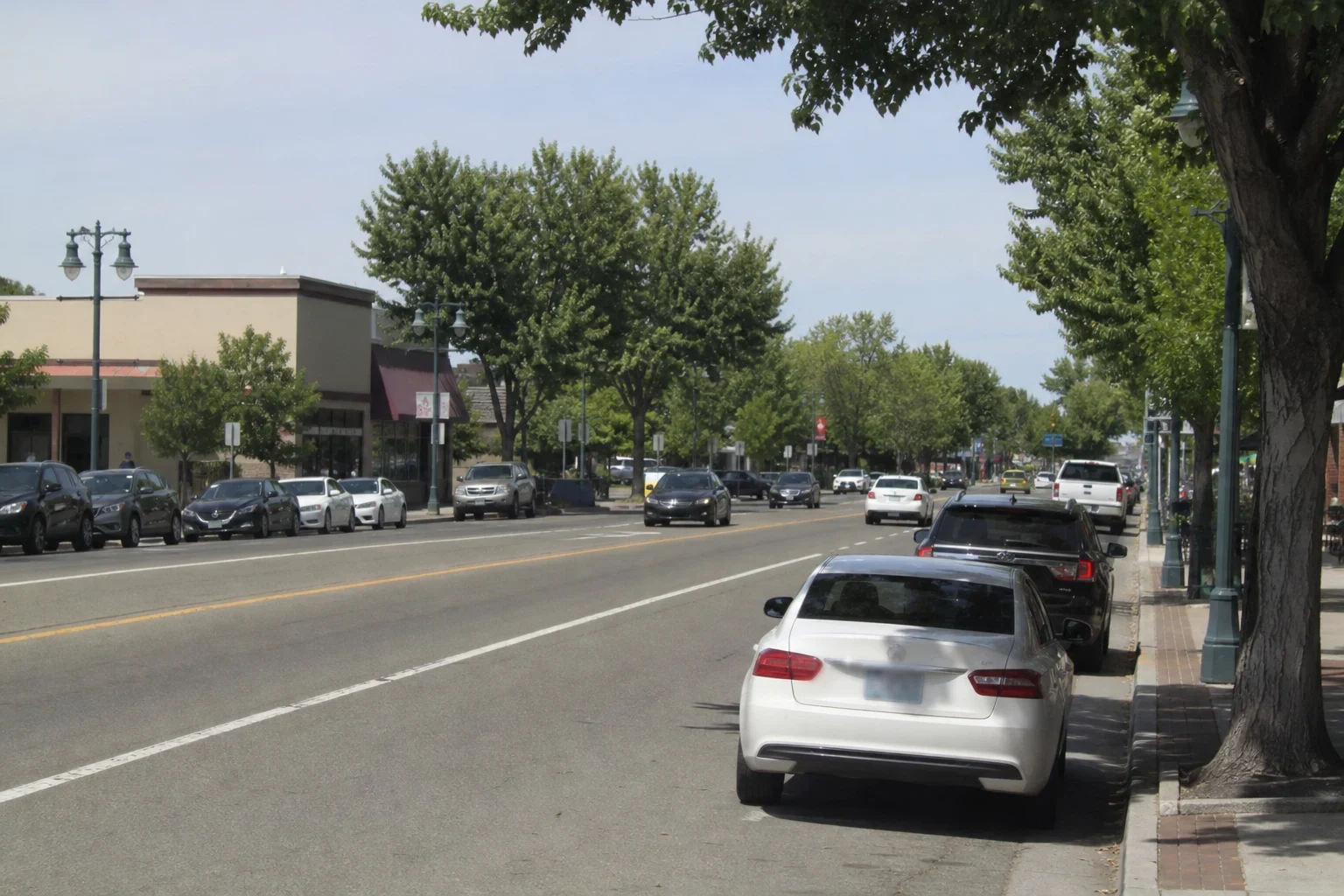 Tree-lined main road through town with low storefronts, ornate street lamps, brick sidewalk and cars parked along both curbs on a sunny day