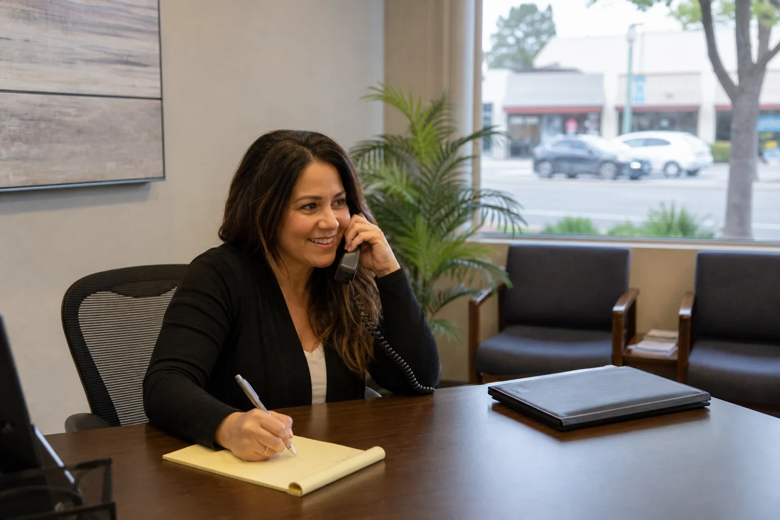 Smiling insurance agent on a desk phone taking notes on a yellow notepad, with a closed folder, waiting chairs, a palm plant and a street-view window behind