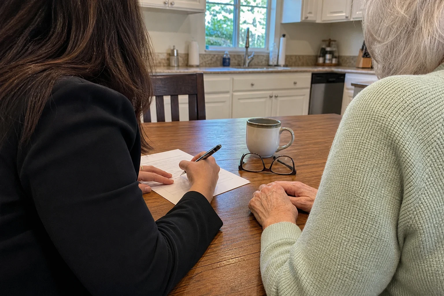 Agent in a black blazer fills out a one-page form with a pen at a wooden kitchen table beside an older woman, with a coffee mug and reading glasses nearby