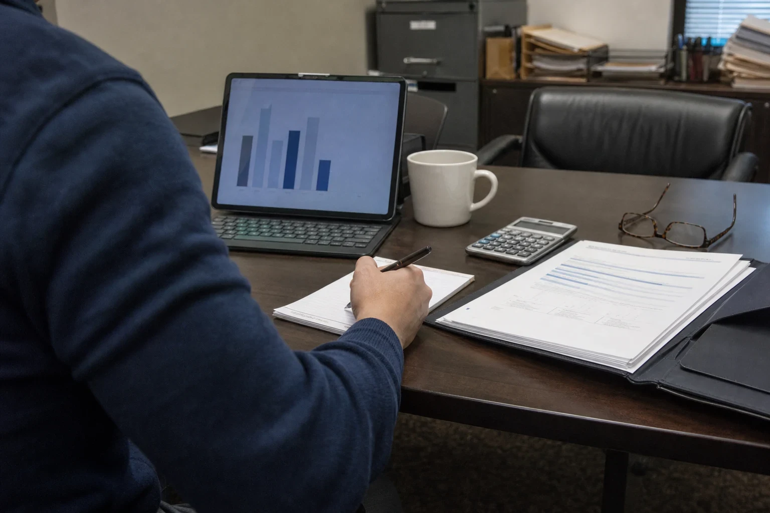 Person in a navy sweater taking notes at an office conference table beside a tablet showing a bar chart, calculator, coffee mug, glasses and a folder of documents